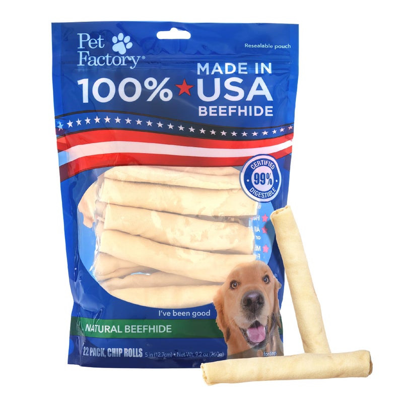 Pet Factory 100% Made in USA Beefhide Chip Rolls Dog Rawhide Chews, Thick, Dog Chews Long Lasting from American Cattle, Dog Chew Bones, 5 Inches (Pack of 22) - Image 1
